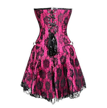 A pink and black lace corset dress with a fitted waist, black lace-up back, and flared skirt, shown against a plain white background.