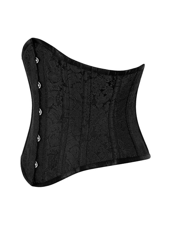 A black lace and satin corset  with silver metal buttons on the side, displayed against a solid white background.