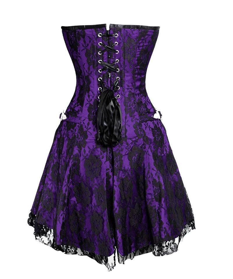 Purple and black corset dress with lace details on a white background
