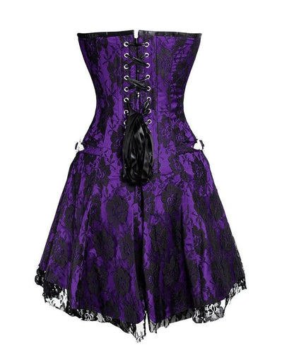 Purple and black corset dress with lace details on a white background