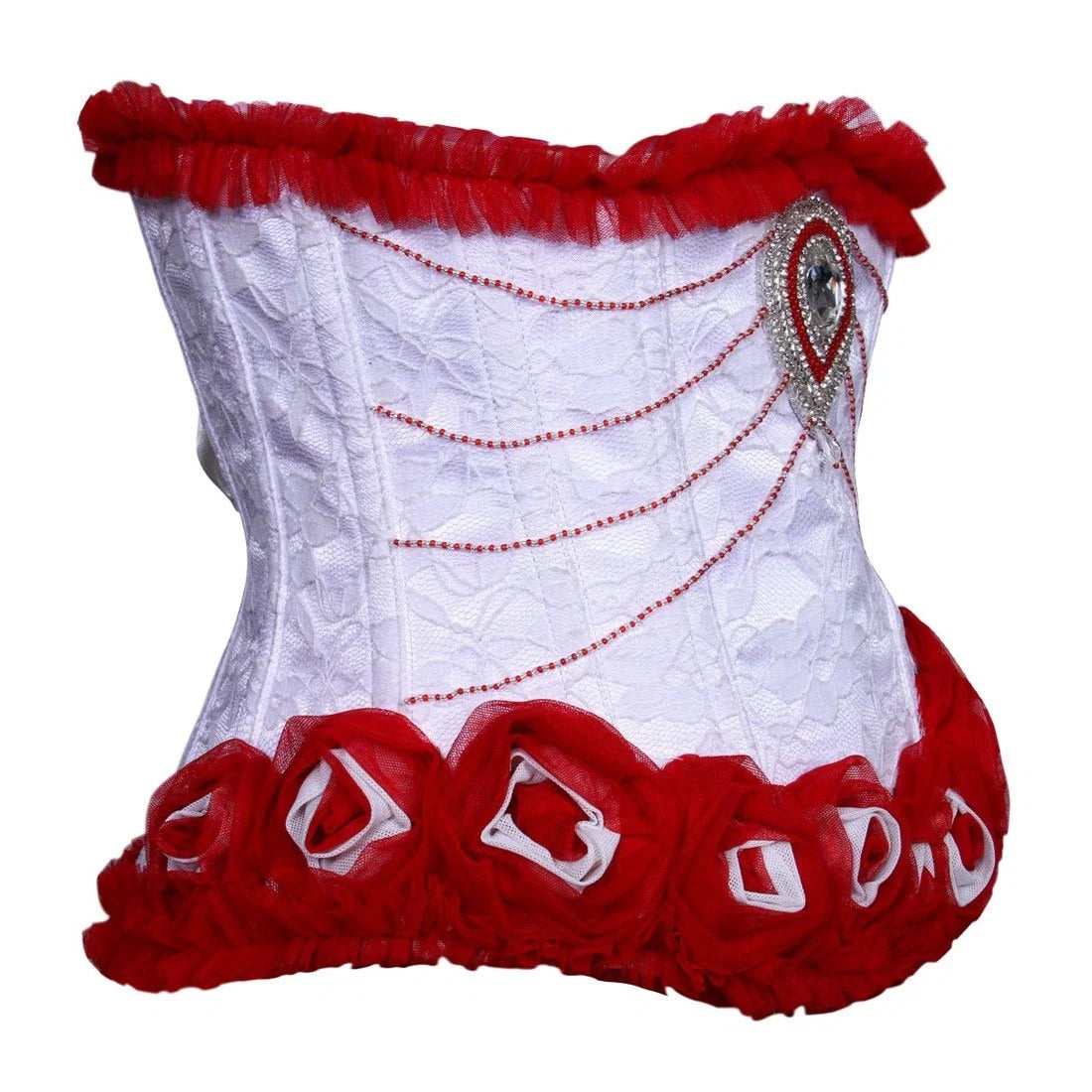 White and red bridal overbust corset with red rose trim and jeweled detail