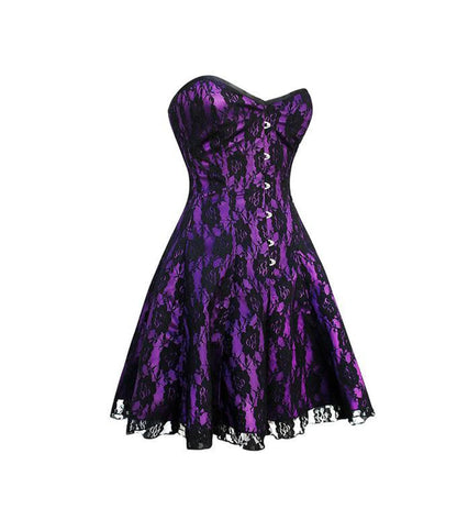 Purple and black floral lace Gothic corset dress with sweetheart neckline and flared skirt