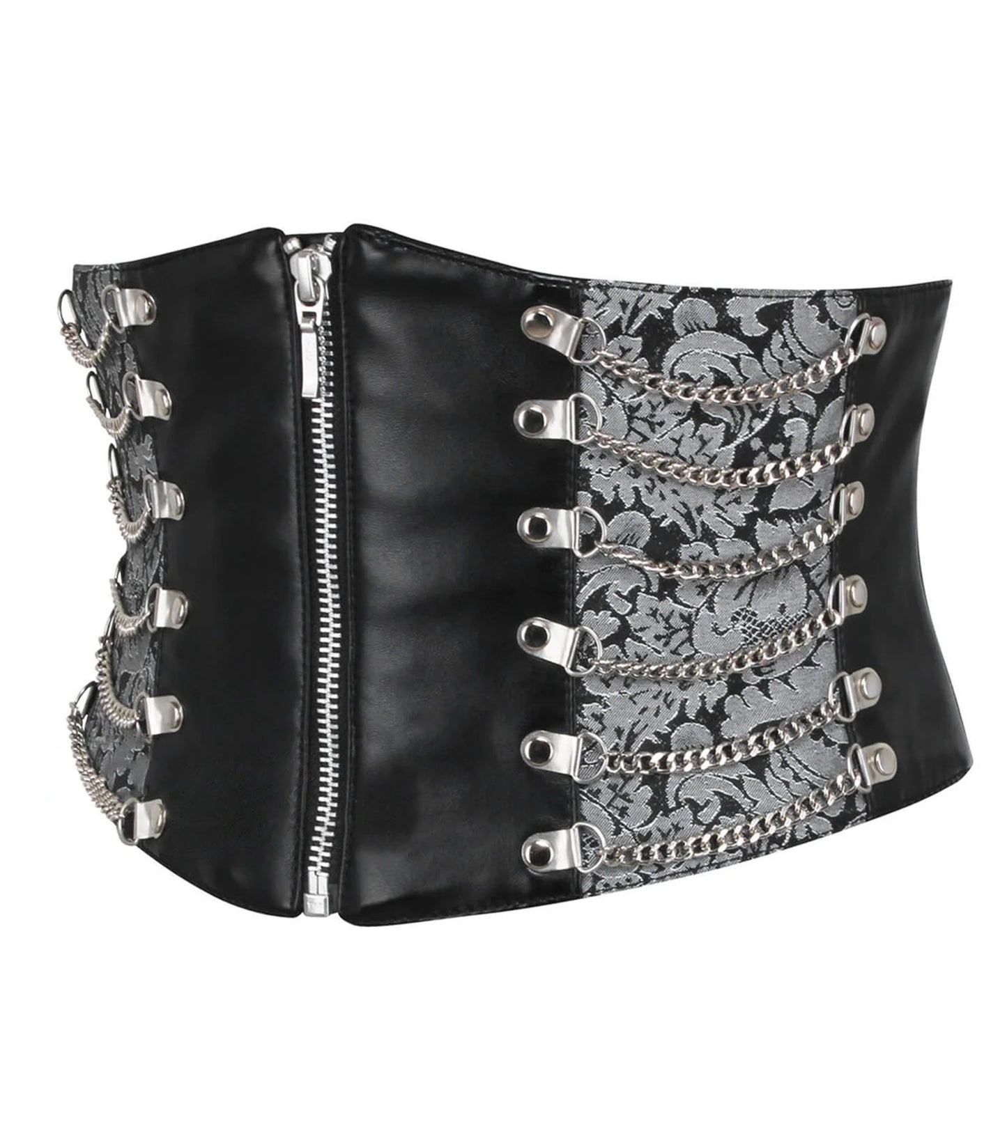 Black faux leather corset-style belt with silver-tone hardware, floral lace-up details, and a silver chain pattern on a white background.