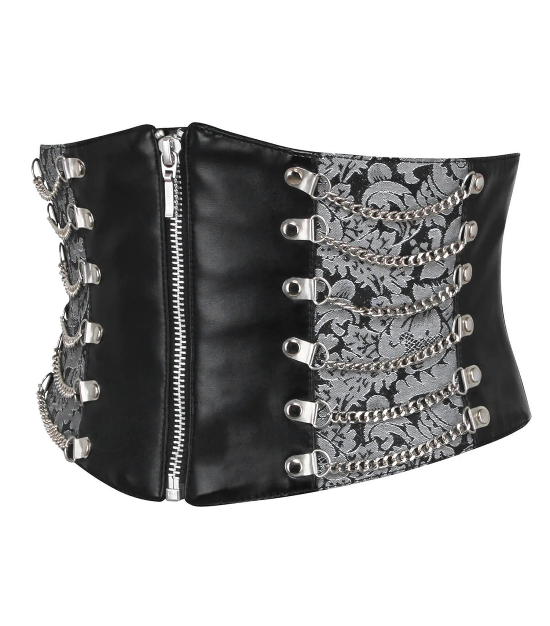 Black faux leather corset-style belt with silver-tone hardware, floral lace-up details, and a silver chain pattern on a white background.