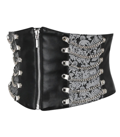 Black faux leather corset-style belt with silver-tone hardware, floral lace-up details, and a silver chain pattern on a white background.