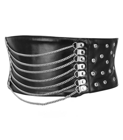 A wide black faux-leather belt featuring multiple draped silver metal chains, silver buckle closures, and silver stud embellishments on the right side, shown against a plain white background.