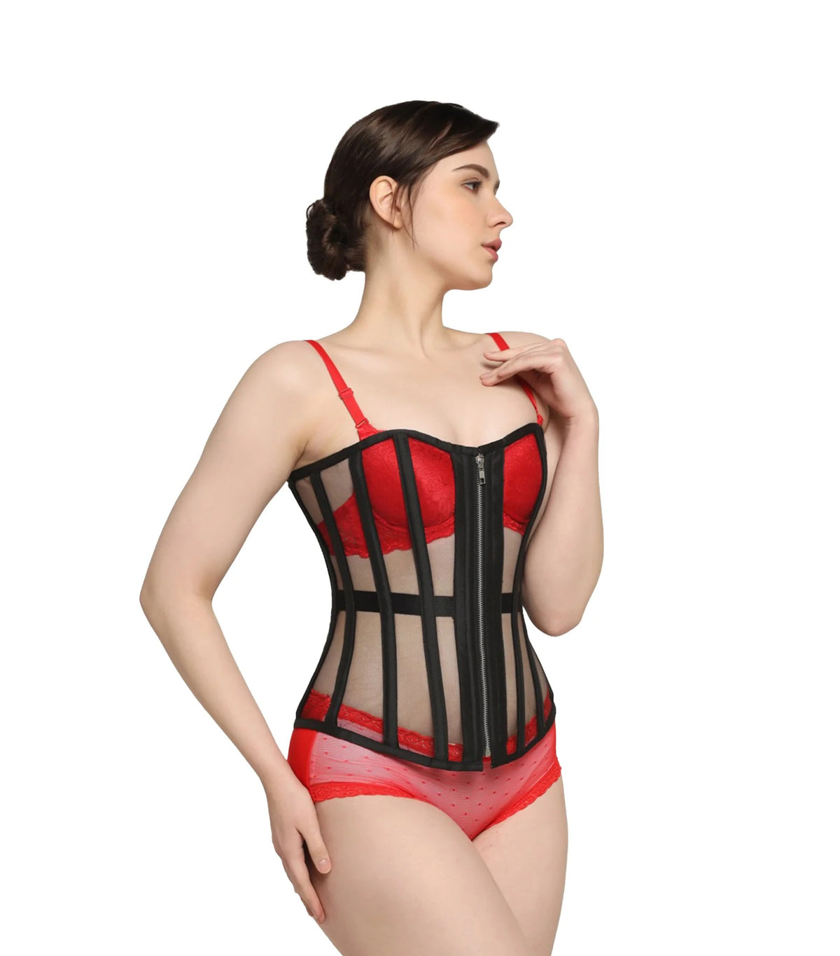 A woman wears  Black Sheer Mesh Steel Boned Overbust Corset with Front Zipper