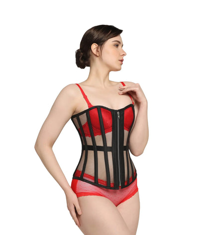 A woman wears  Black Sheer Mesh Steel Boned Overbust Corset with Front Zipper