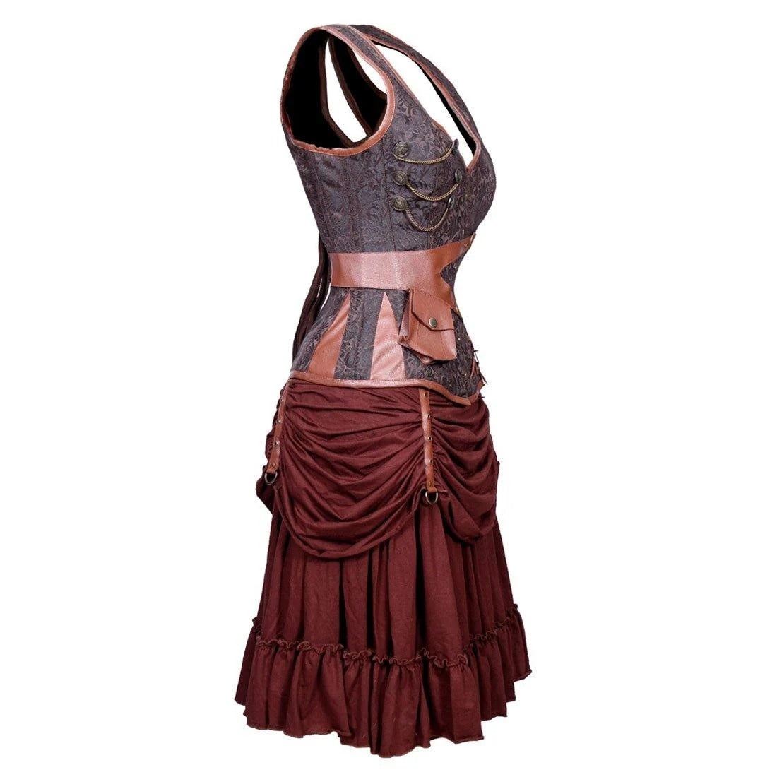 Brown floral brocade steampunk corset and layered mini skirt set with faux leather details