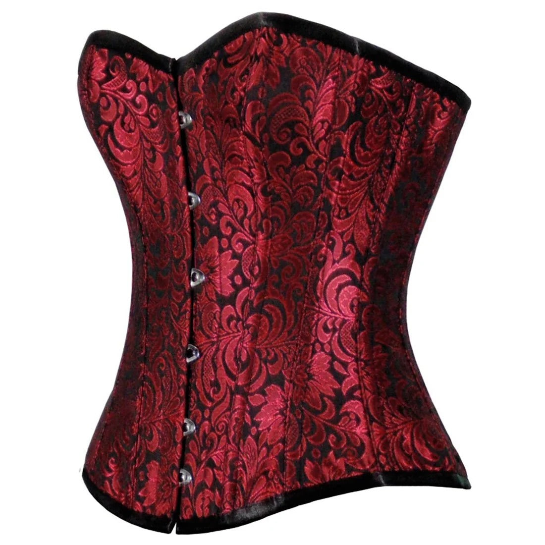 Red brocade corset on a white background