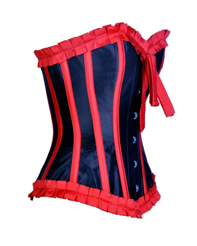 Navy blue corset with red trim on a white background