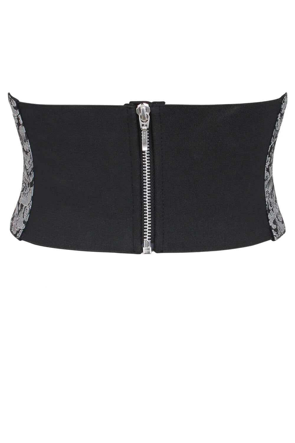 A black waist trainer belt with a central silver zipper and gray lace trim on the sides, shown against a plain white background.