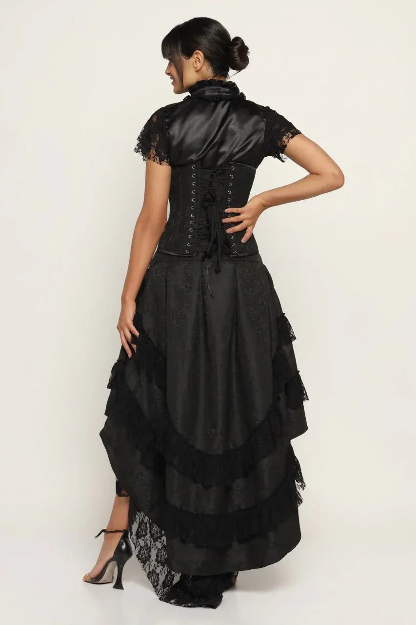Black Gothic Victorian three-piece corset set with lace top and layered high-low skirt