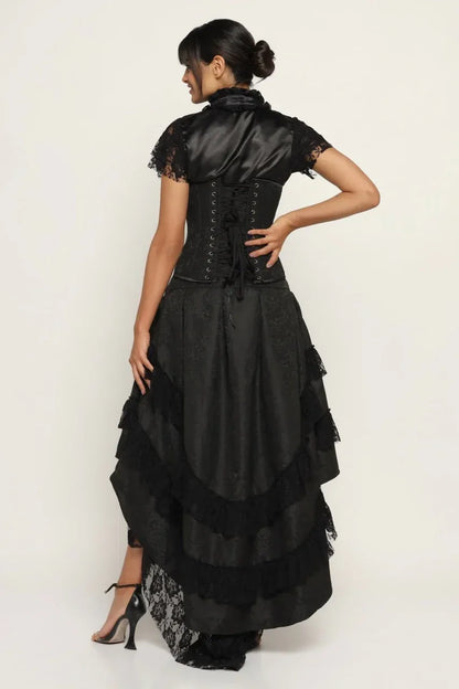 Black Gothic Victorian three-piece corset set with lace top and layered high-low skirt