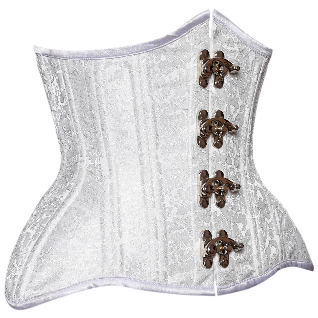 A white lace corset with vertical boning and four dark brown decorative toggle closures, shown against a plain white background.