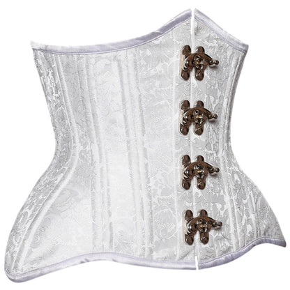 A white lace corset with vertical boning and four dark brown decorative toggle closures, shown against a plain white background.