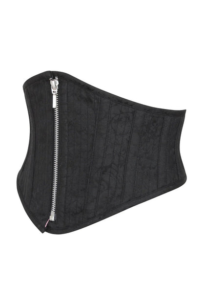 Black corset with a zipper on a white background