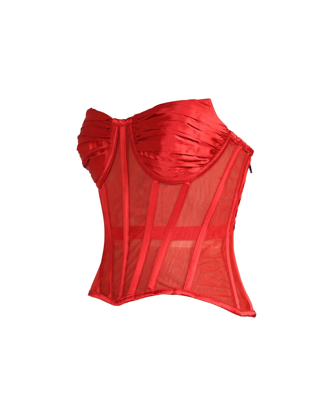 Red Satin & Sheer Mesh Cupped Overbust Corset