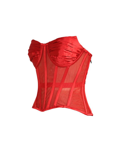 Red Satin & Sheer Mesh Cupped Overbust Corset