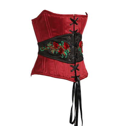 Red Satin Floral Embroidered Steel-Boned Overbust Corset