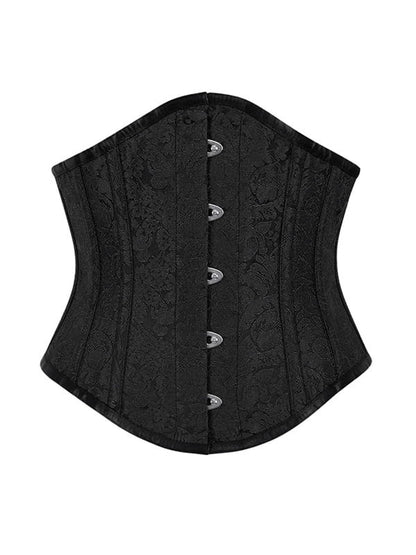 A black lace corset belt with a structured waist and five silver metal buttons down the center front, shown flat on a white background.