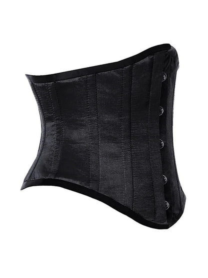 A black structured waist trainer corset with vertical boning and side snap closures, shown against a plain white background.