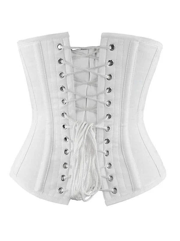 White fabric corset with front lace-up closure and silver metal eyelets, shown against a plain white background.