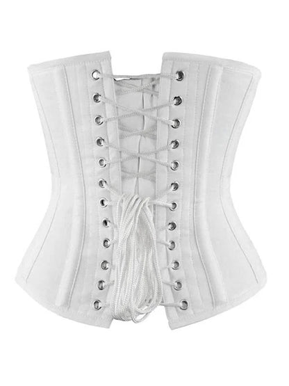 White fabric corset with front lace-up closure and silver metal eyelets, shown against a plain white background.