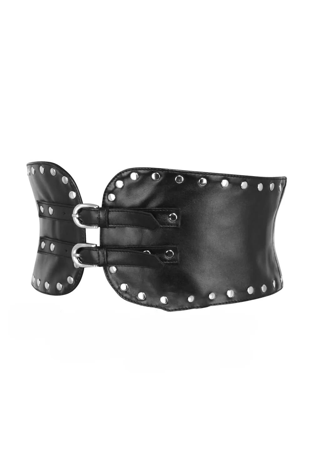 A wide black leather corset-style belt with silver metal studs and double buckle closures, shown against a plain white background.