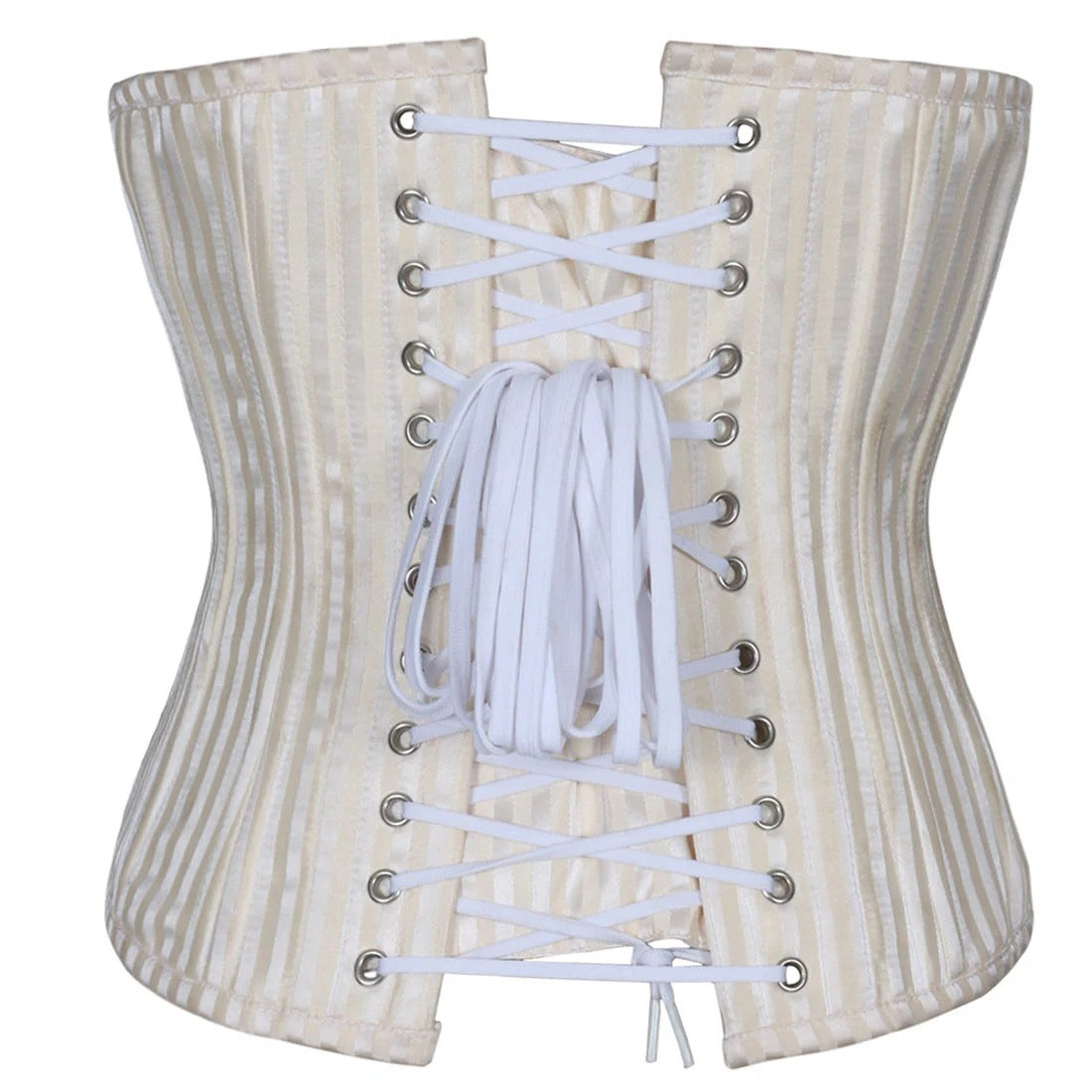 An off-white and beige vertically striped corset with white laces and silver metal eyelets, shown from the back on a white background.