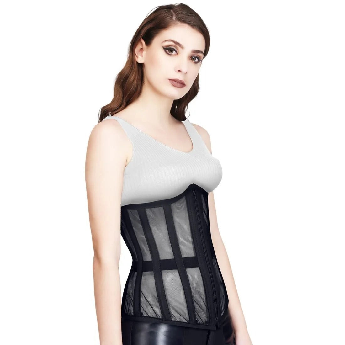 Black sheer mesh steel boned underbust corset with front zipper