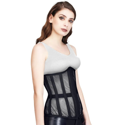 Black sheer mesh steel boned underbust corset with front zipper