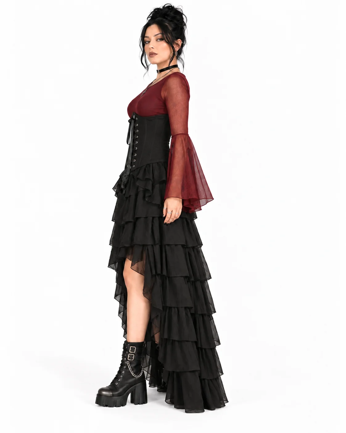 Black Gothic Underbust Corset High-Low Ruffle Dress