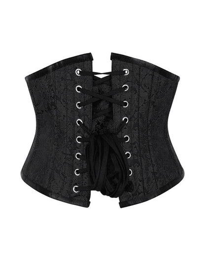 A black lace-up corset with a subtle damask pattern, featuring silver metal eyelets and black laces, shown against a plain white background.