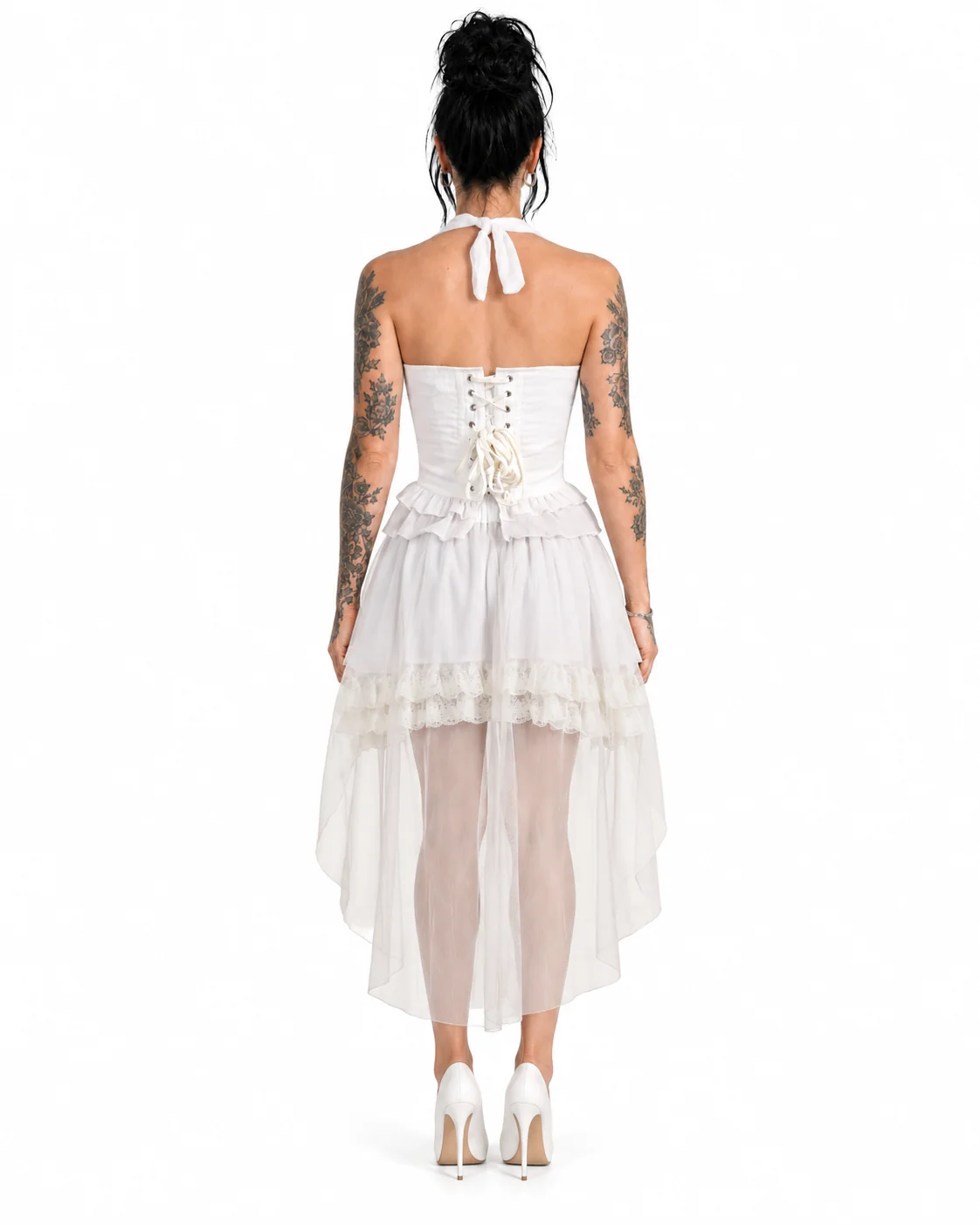 White Plastic-Boned Halter Corset & High-Low Skirt Set