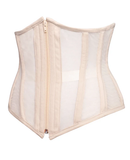 A structured waist trainer corset with vertical panels in beige and semi-sheer white mesh, featuring a central zipper closure.