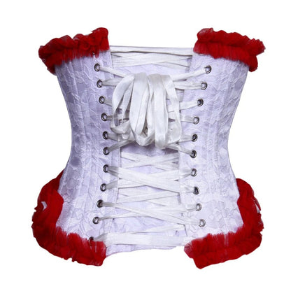 White lace-up corset with red ruffled trim at the top and bottom, shown against a plain white background.