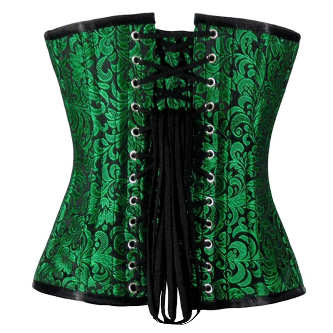 Green floral brocade corset with black trim on a white background 