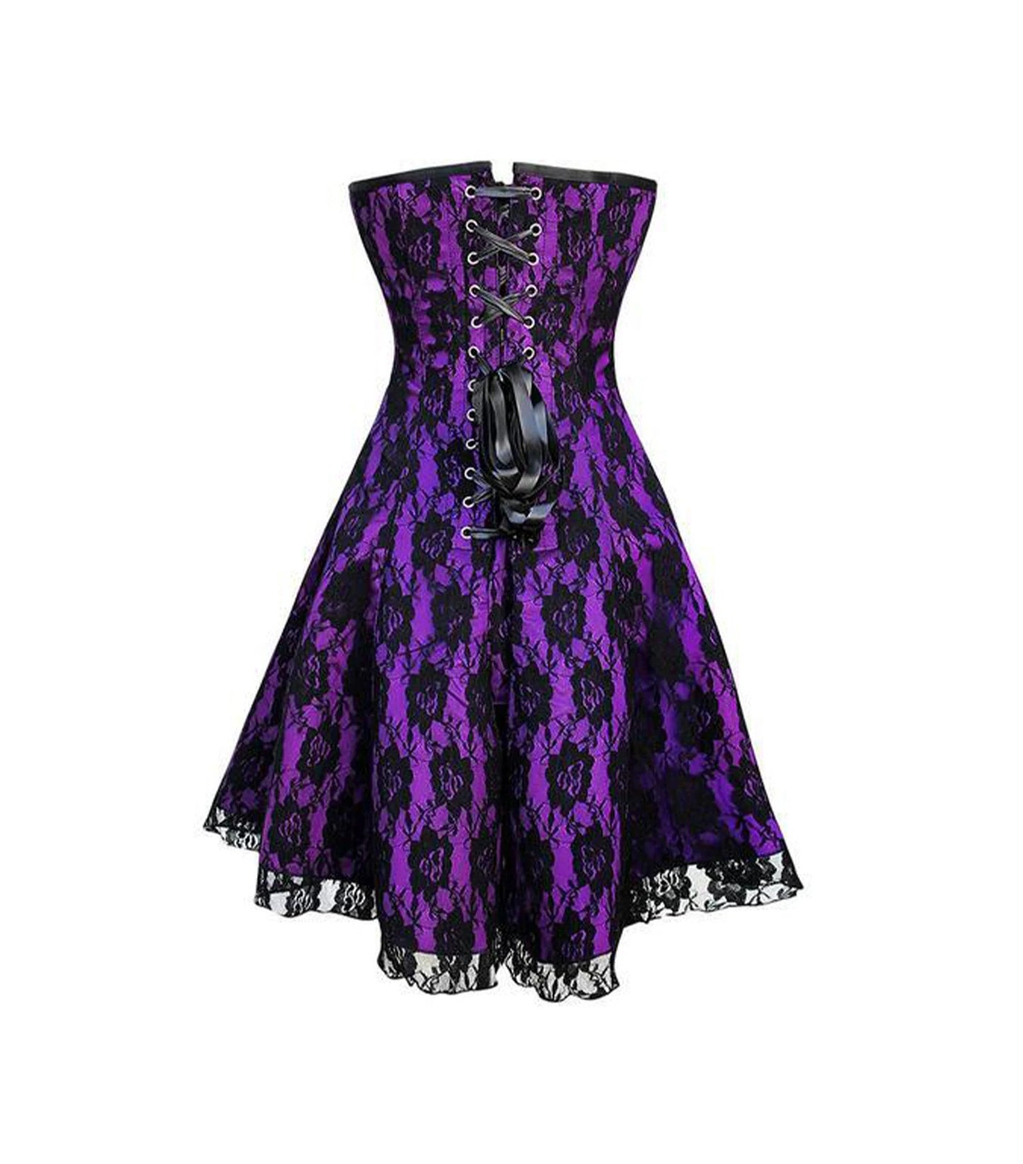 Purple lace dress with black accents on a white background