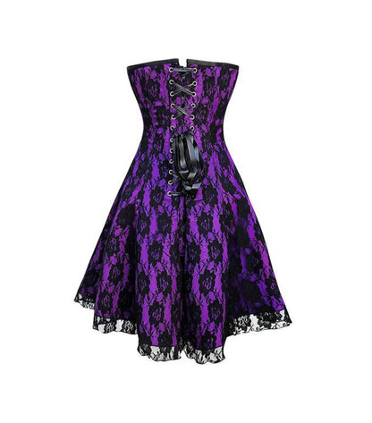 Purple lace dress with black accents on a white background
