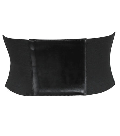 A black waist trainer belt with a smooth central panel and textured side panels, shown against a plain white background.rocade Underbust Waist Cincher with Chains & Front Zipper