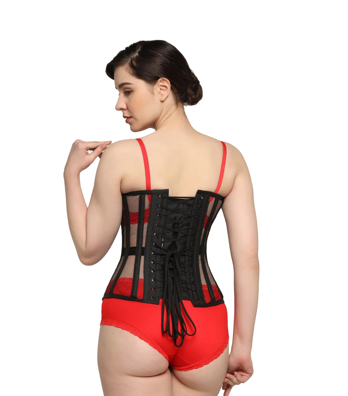 Black sheer mesh steel boned overbust corset with front zipper and lace-up back
