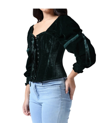 Verdelle Dark Green Velvet Lace-Up Overbust Corset