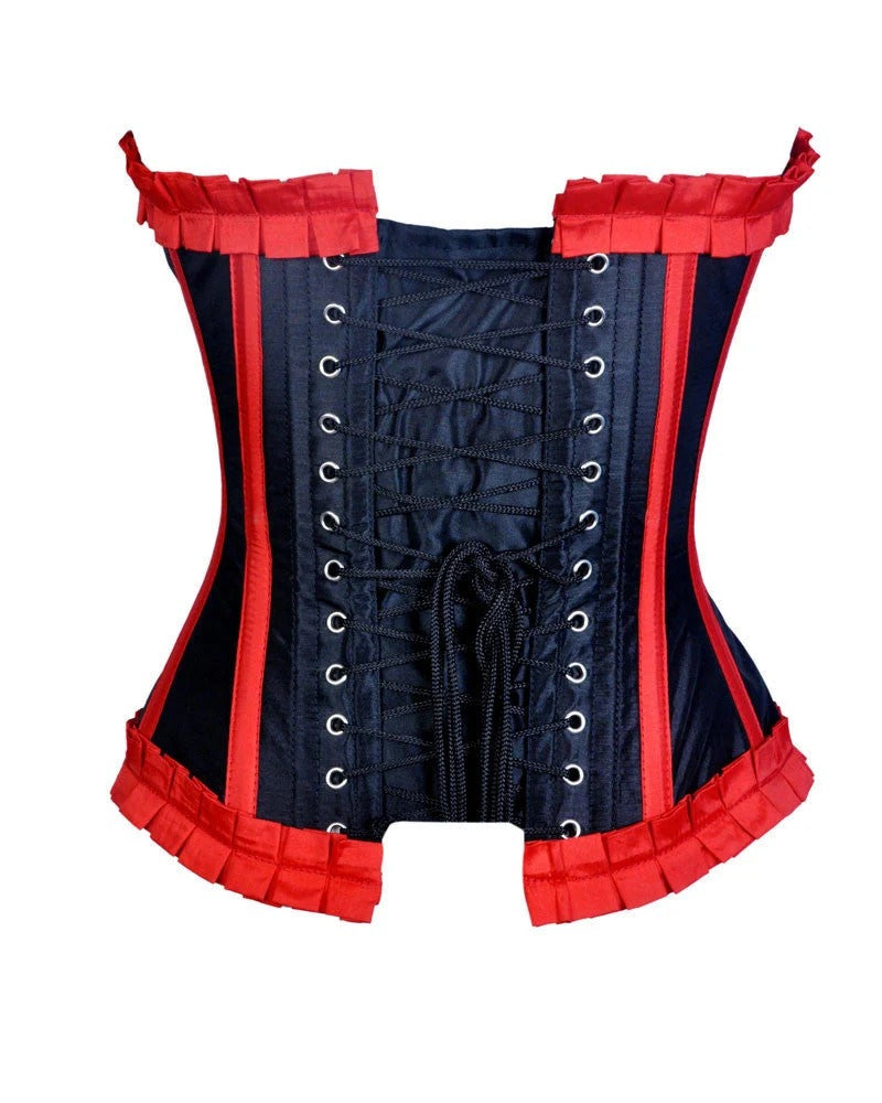 A structured corset top with a navy blue body, red ruffled trim at the top and bottom, and black laces running down the center front.