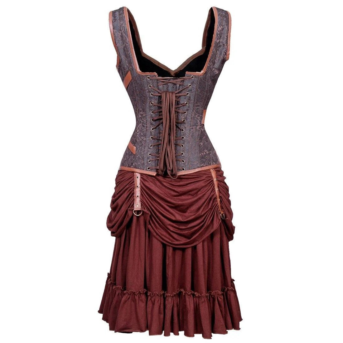 Brown steampunk brocade corset and layered skirt set with faux leather detailing and floral pattern 