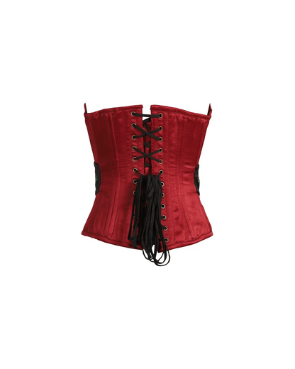 Red Satin Floral Embroidered Steel-Boned Overbust Corset