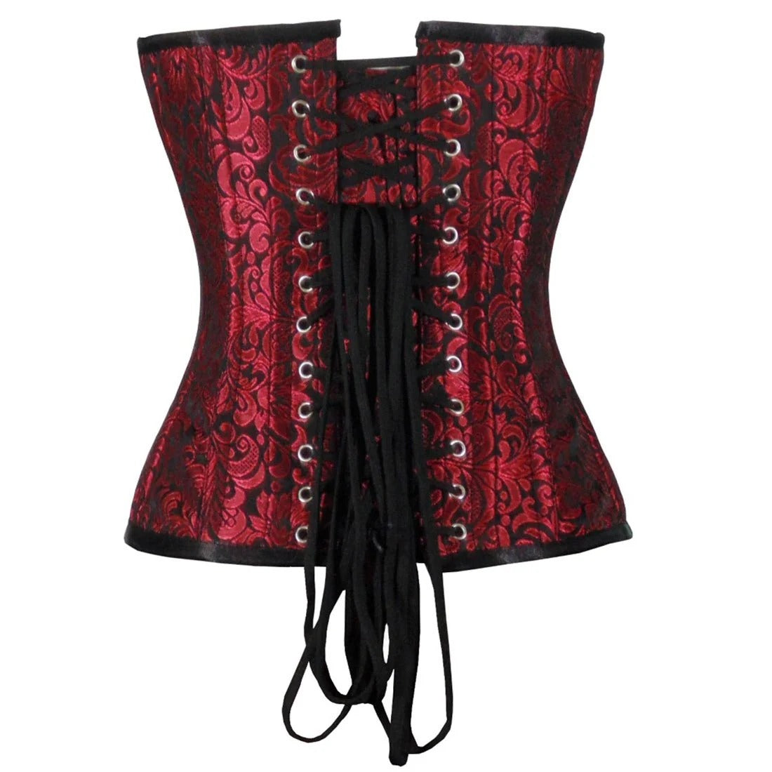 Red and black corset with lace-up front on a white background