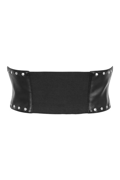 A black wide belt with a textured center panel and smooth faux-leather side panels accented with silver-tone metal studs, shown against a plain white background.