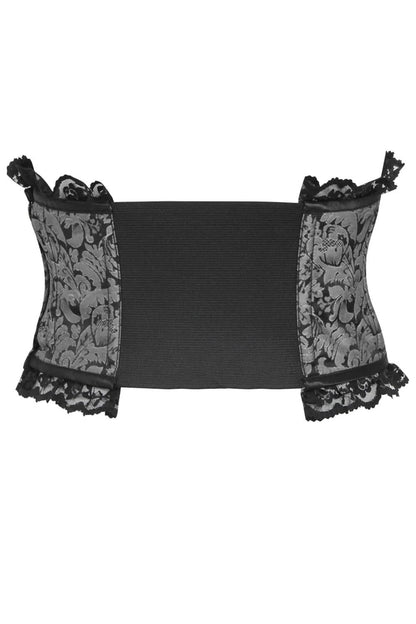 A black corset-style waist trainer with a ribbed center panel and ornate floral lace side panels with ruffled trim, shown against a plain white background.