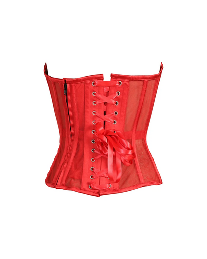 Red Satin & Sheer Mesh Cupped Overbust Corset